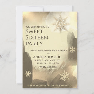 Boho watercolor Gold snowflakes  Sweet 16 party Invitation