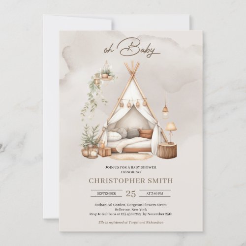 Boho watercolor green and brown baby tent neutral invitation