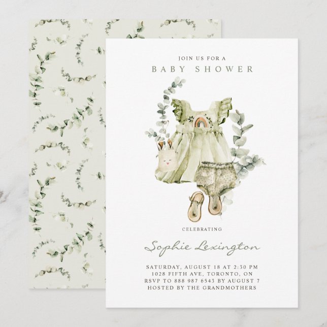 Boho Watercolor Green Dress Eucalyptus Baby Shower Invitation (Front/Back)