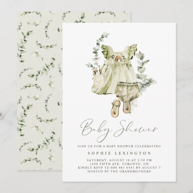 Boho Watercolor Green Dress Greenery Baby Shower Invitation (Front/Back)