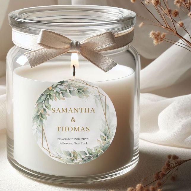 Boho watercolor green eucalyptus and gold Stickers (Boho dusty green leaves gold frames wedding sticker)