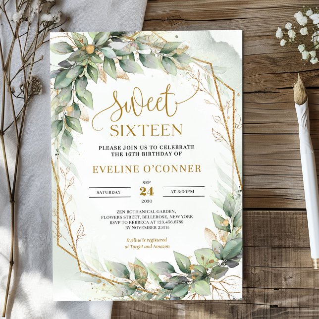Boho watercolor green eucalyptus sweet sixteen invitation (Watercolor greenery and gold sweet sixteen invitation digital)