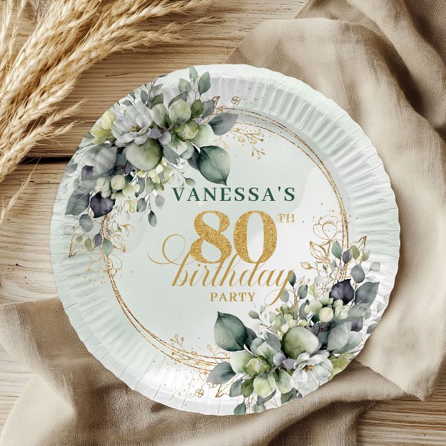 Boho Watercolor Green Gold 80th Birthday Plates (Boho Watercolor Green Gold 80th Birthday Plates)