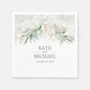 Boho Watercolor Greenery and Gold Leaves Napkins