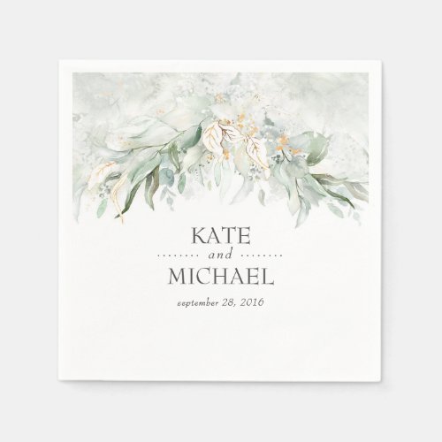 Boho Watercolor Greenery and Gold Leaves Napkins