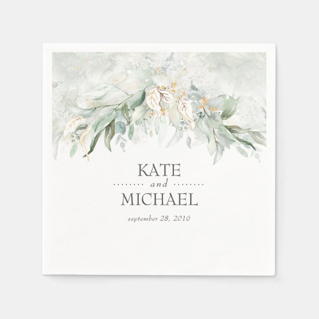 Boho Watercolor Greenery and Gold Leaves Napkins (Front)