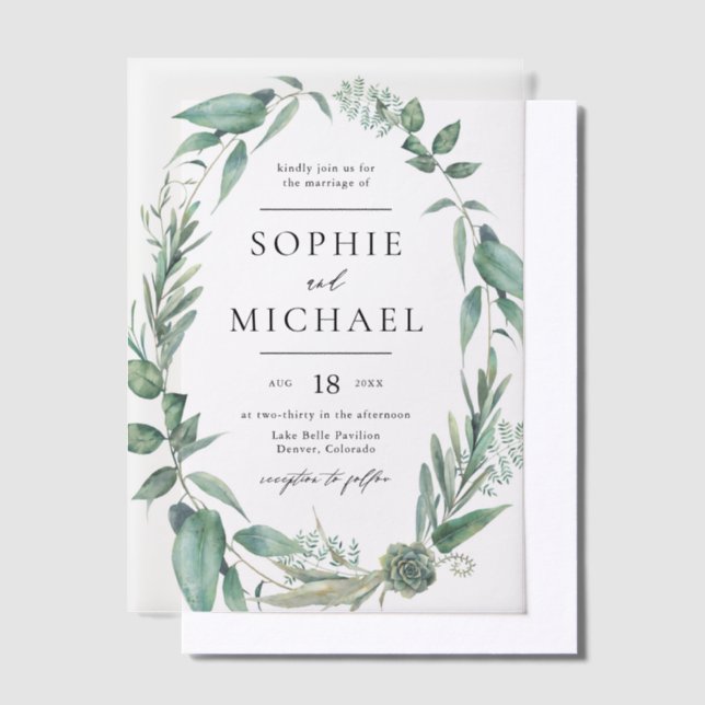 Boho Watercolor Greenery and Succulents Wedding Vellum Invitations (Offset)