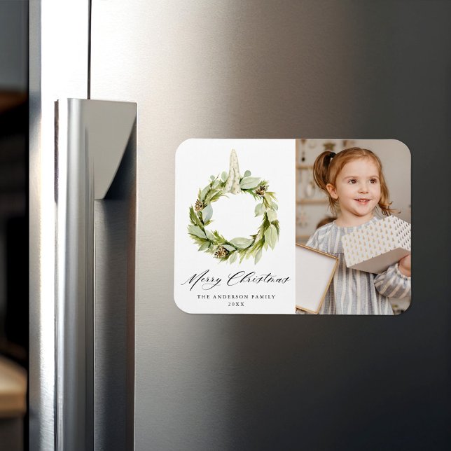 Boho Watercolor Greenery Wreath Holiday Photo Magnet (Creator Uploaded)