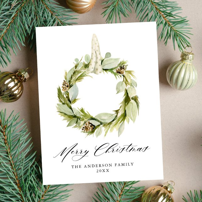 Boho Watercolor Greenery Wreath Non-Photo Holiday Postcard (Creator Uploaded)