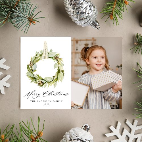 Boho Watercolor Greenery Wreath Photo Holiday Card