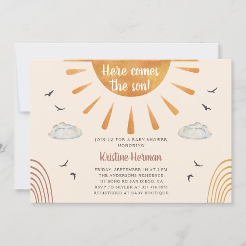 Boho Watercolor Here Comes the Son Baby Shower Invitation