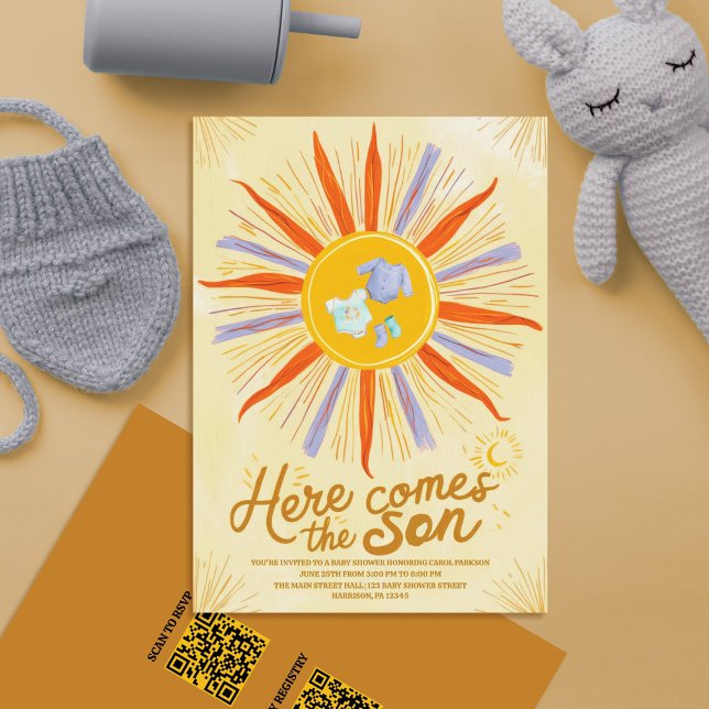 Boho Watercolor Here Comes the Son Baby Shower Invitation (Creator Uploaded)