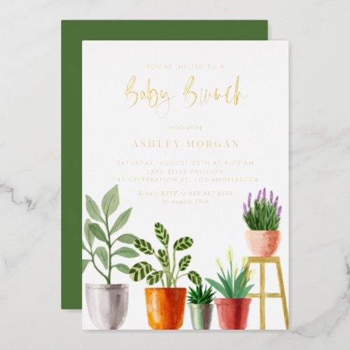 Boho Watercolor Indoors Plants Baby Shower Brunch Foil Invitation - Invite guests to your event with this customizable foil-pressed baby brunch invitation. It features watercolor illustrations of potted houseplants such as peach lilt, lavender and succulents. Personalize this plant theme baby brunch invitation by adding your own details. This gold foil baby brunch invitation is perfect for spring and summer baby showers and gender neutral baby showers. 