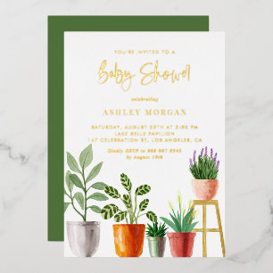 Boho Watercolor Indoors Plants Baby Shower Foil Invitation