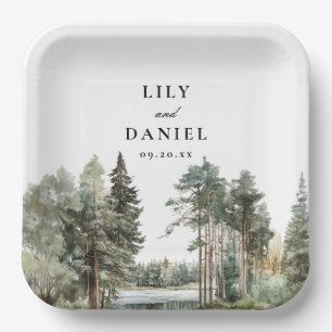 Boho Watercolor Lake Forest Woodland Wedding Paper Plates