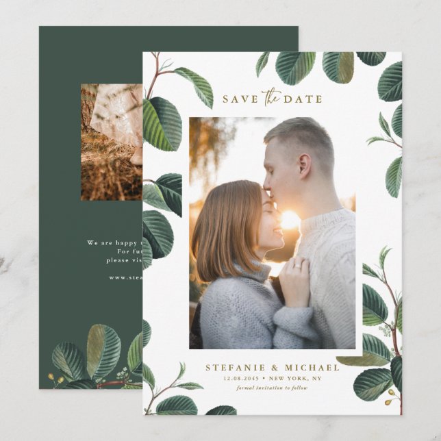 Boho Watercolor Leaves Botanical White Photo Save The Date (Front/Back)