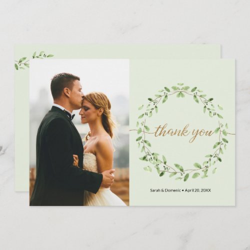 Boho Watercolor leaves wreath Spring Wedding Photo Thank You Card