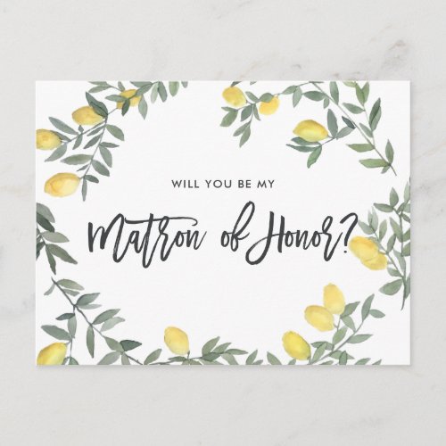 Boho Watercolor Lemon Be My Matron of Honor Card