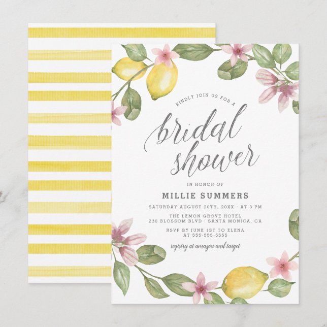 Boho Watercolor Lemon Blossom Wreath Bridal Shower Invitation (Front/Back)