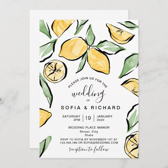 Boho Watercolor Lemon Citrus Greenery Summer Invitation (Front/Back)