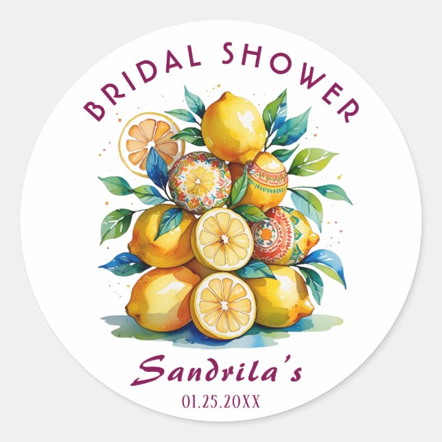 Boho Watercolor Lemon Mediterranean Bridal Shower  Classic Round Sticker (Front)