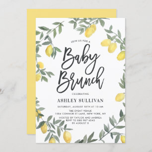 Boho Watercolor Lemon Wreath Baby Shower Brunch Invitation