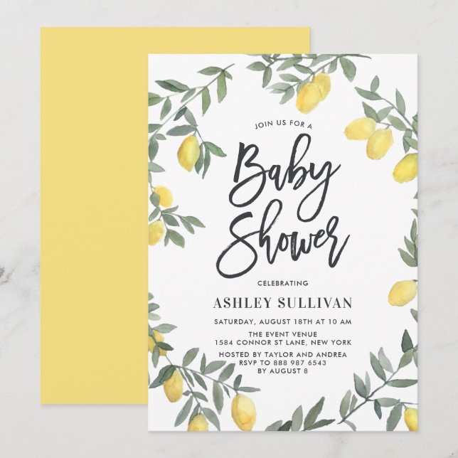 Boho Watercolor Lemon Wreath Baby Shower Invitation (Front/Back)