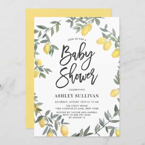 Boho Watercolor Lemon Wreath Baby Shower Invitation