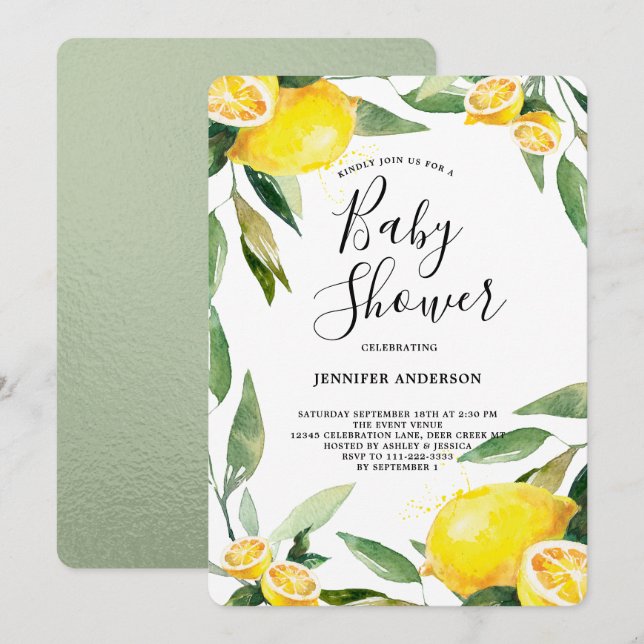 Boho Watercolor Lemon Wreath Baby Shower Invitation (Front/Back)