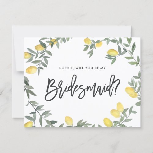 Boho Watercolor Lemon Wreath Be My Bridesmaid Card