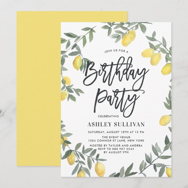 Boho Watercolor Lemon Wreath Birthday Party Invitation (Front/Back)