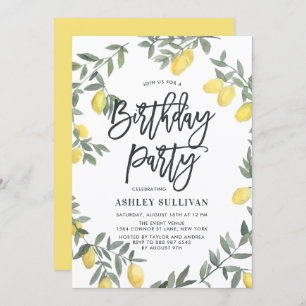 Boho Watercolor Lemon Wreath Birthday Party Invitation
