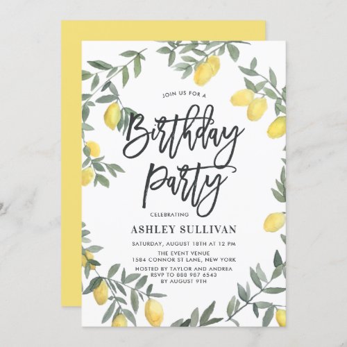 Boho Watercolor Lemon Wreath Birthday Party Invitation