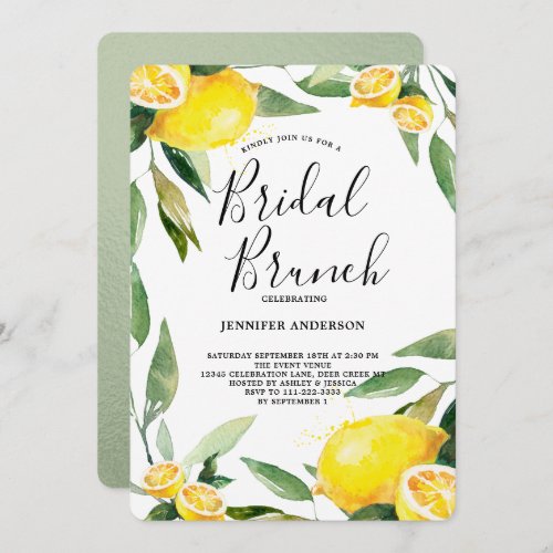 Boho Watercolor Lemon Wreath Bridal Brunch Invitation