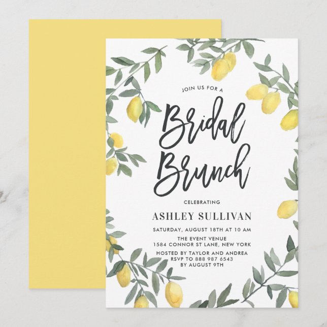 Boho Watercolor Lemon Wreath Bridal Brunch Invitation (Front/Back)
