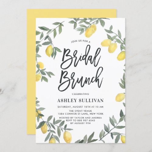 Boho Watercolor Lemon Wreath Bridal Brunch Invitation