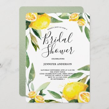 Boho Watercolor Lemon Wreath Bridal Shower Invitation by antiquechandelier at Zazzle