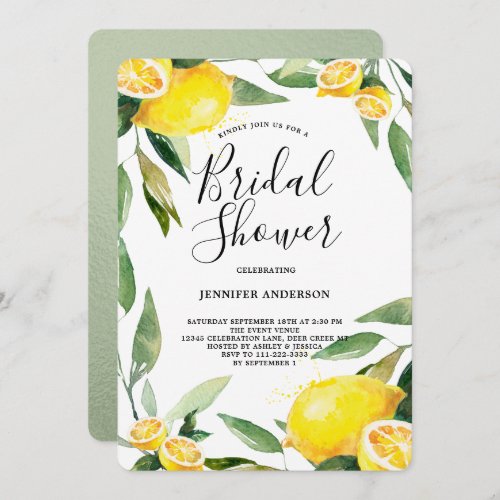 Boho Watercolor Lemon Wreath Bridal Shower Invitation