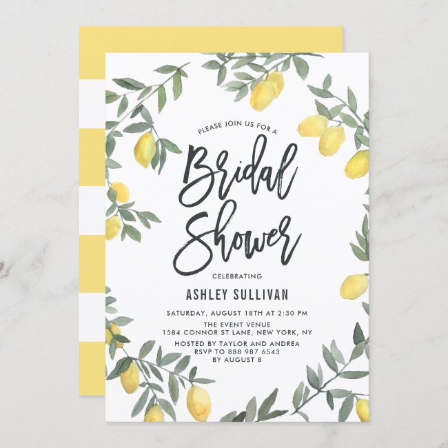 Boho Watercolor Lemon Wreath Bridal Shower Invitation