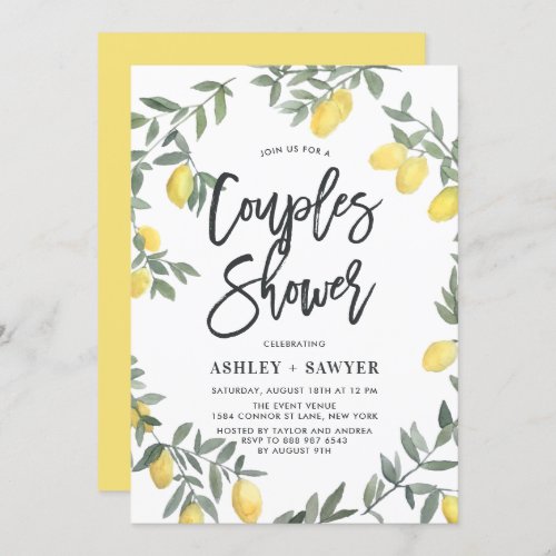 Boho Watercolor Lemon Wreath Couples Shower Invitation