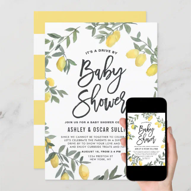 Boho Watercolor Lemon Wreath Drive By Baby Shower Invitation Zazzle