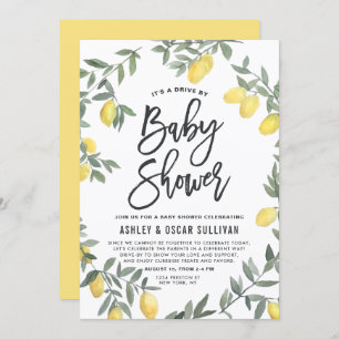 Boho Watercolor Lemon Wreath Drive By Baby Shower Invitation
