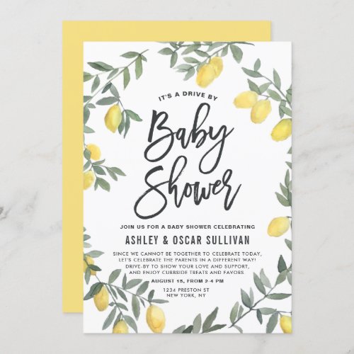 Boho Watercolor Lemon Wreath Drive By Baby Shower Invitation