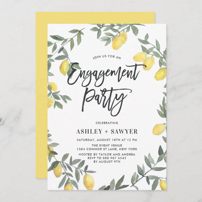 Boho Watercolor Lemon Wreath Engagement Party Invitation (Front/Back)