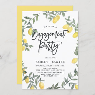 Boho Watercolor Lemon Wreath Engagement Party Invitation