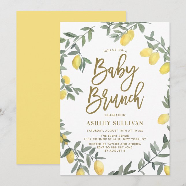 Boho Watercolor Lemon Wreath Gold Baby Brunch Invitation (Front/Back)