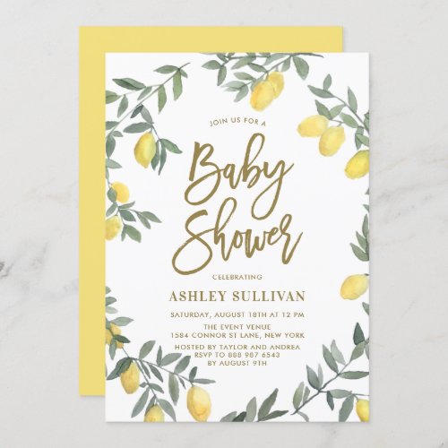 Boho Watercolor Lemon Wreath Gold Baby Shower Invitation