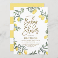 Boho Watercolor Lemon Wreath Gold Baby Shower Invitation