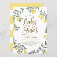 Boho Watercolor Lemon Wreath Gold Baby Shower Invitation