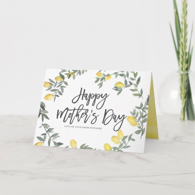 Boho Watercolor Lemon Wreath Happy Mother's Day Card (Front)